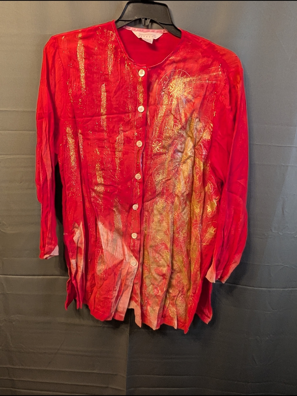 Vintage Upcycled Red Art-To-Wear Button Down Blouse Gold Metallic EUC Size M